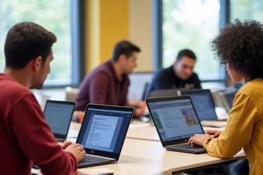 People working on laptops during a resume building workshop